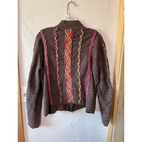 Talbots Womens XL Brown Marled Cardigan Multi Color Cable Knit Pom Pom Sweater - Picture 5 of 5